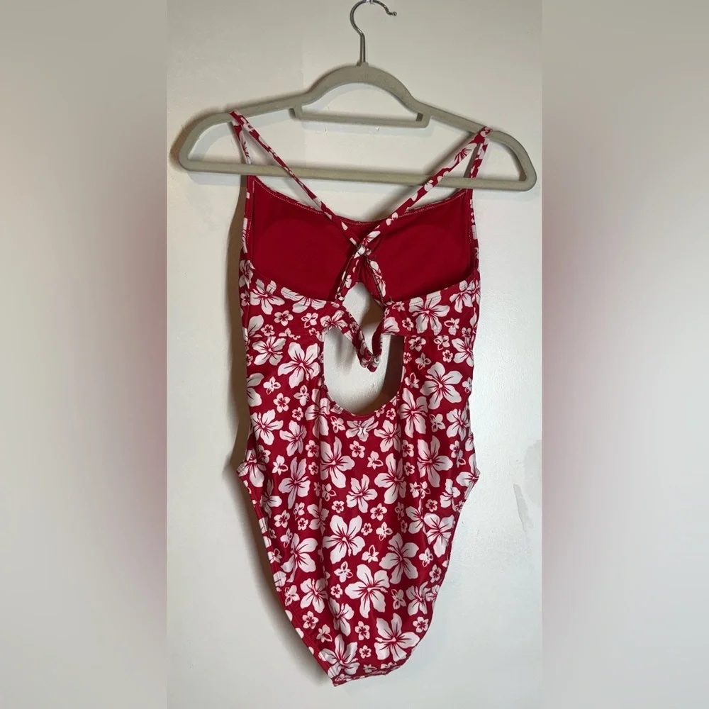Hurley red and white floral patterned cut-out one-piece swimsuit. - Picture 2 of 4